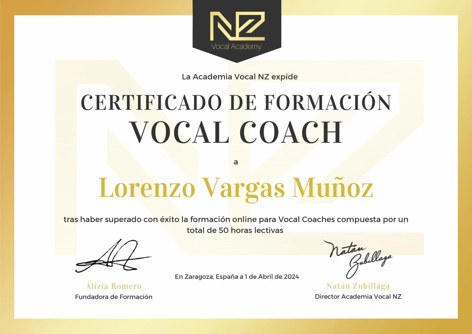 Certificación Vocal Coaching Completado